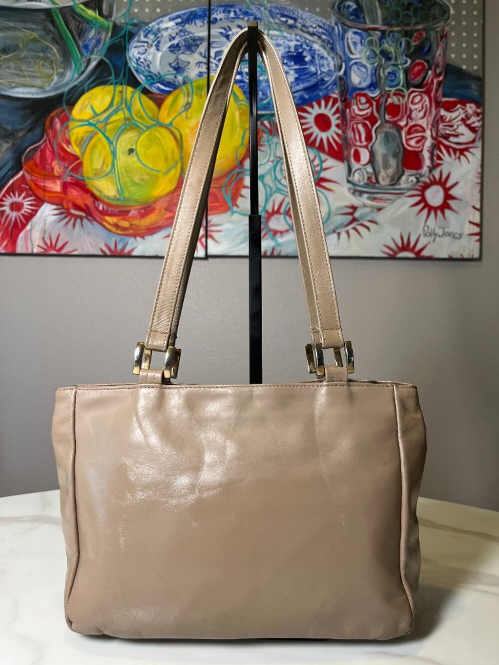 SAS Taupe Leather Vintage Shoulder Bag Made in USA